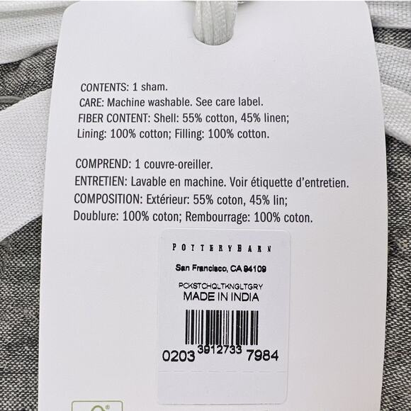 Pottery Barn Pickstitch Sham King Light Gray Linen Cotton Pillow Cover NWT - Picture 6 of 7
